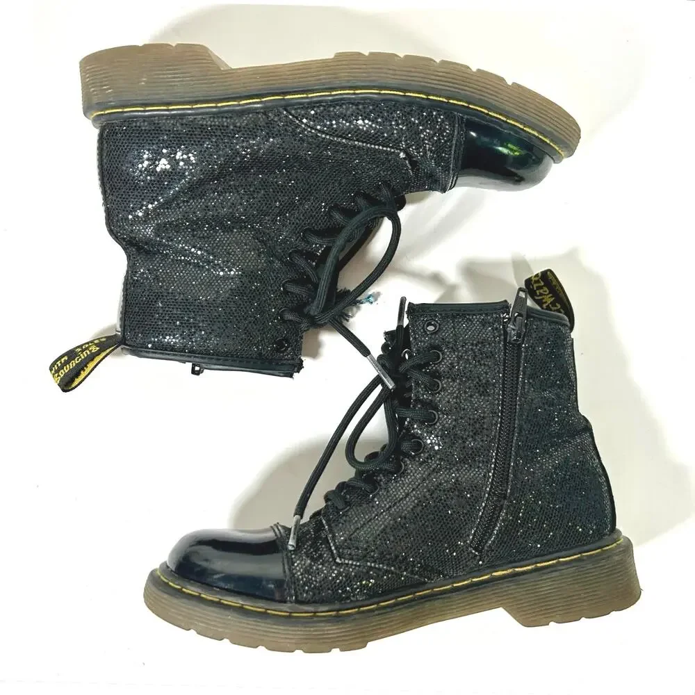 Kids Doc Martens 1460J Sparkle Crinkle Metallic Combat Boots Patent Black Size 2